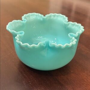 Mid‑Century Italian Art Glass Ruffled Turquoise Rose Bowl